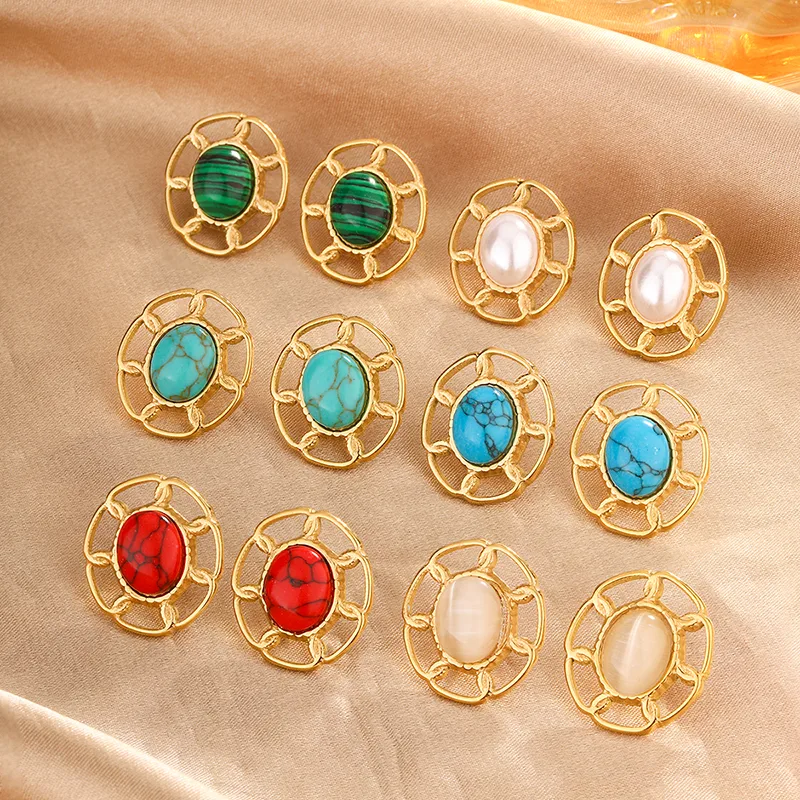 1 Pair Simple Style Commute Oval Plating Hollow Out Inlay 304 Stainless Steel Turquoise Opal Turquoise Opal Pearl 18K Gold Plated Ear Studs