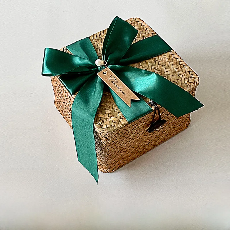 Straw Rattan Woven Box With Lid Birthday Gift Bamboo Blue Woven Basket Gift Box Handmade Wedding Gift Basket Woven Basket