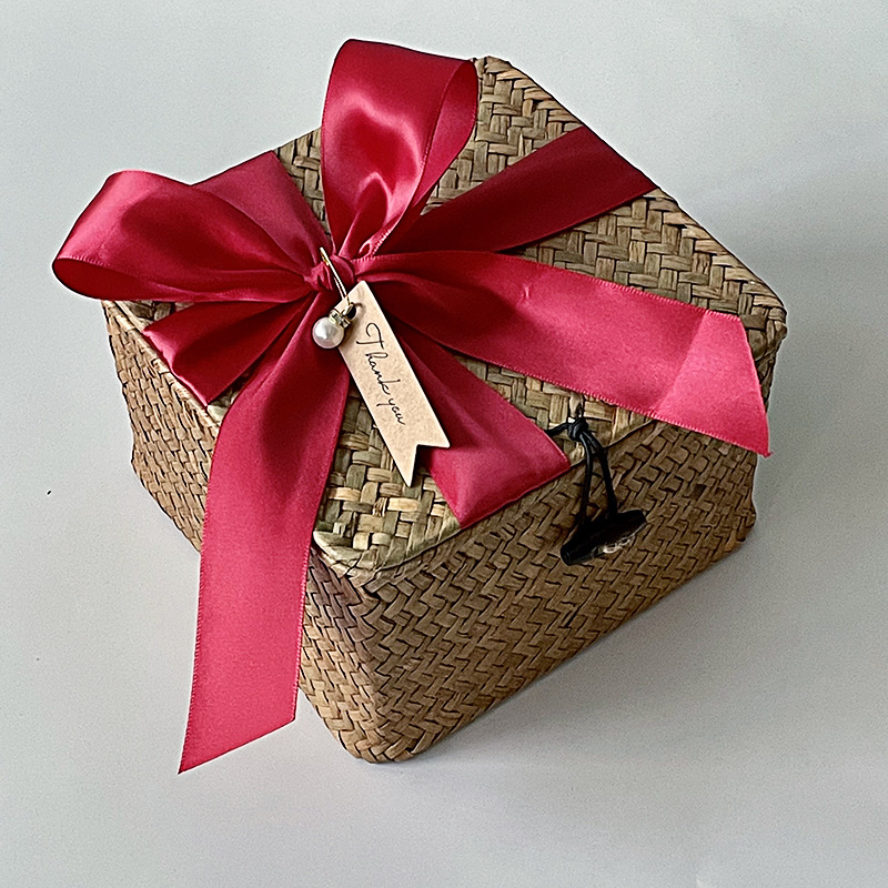 Straw Rattan Woven Box With Lid Birthday Gift Bamboo Blue Woven Basket Gift Box Handmade Wedding Gift Basket Woven Basket display picture 11