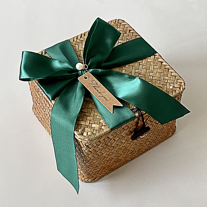 Straw Rattan Woven Box With Lid Birthday Gift Bamboo Blue Woven Basket Gift Box Handmade Wedding Gift Basket Woven Basket display picture 9