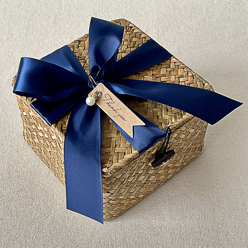 Straw Rattan Woven Box With Lid Birthday Gift Bamboo Blue Woven Basket Gift Box Handmade Wedding Gift Basket Woven Basket display picture 15