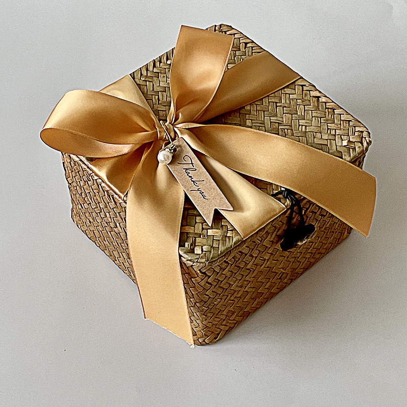 Straw Rattan Woven Box With Lid Birthday Gift Bamboo Blue Woven Basket Gift Box Handmade Wedding Gift Basket Woven Basket display picture 13