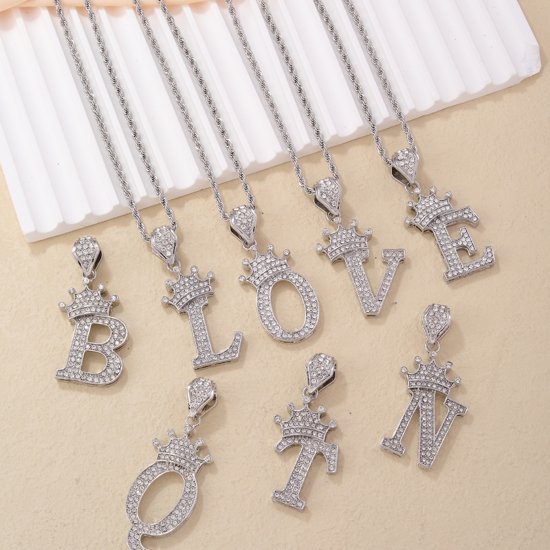 Hip-hop Letter Crown Copper Plating Inlay Rhinestones White Gold Plated Necklace Pendant display picture 9