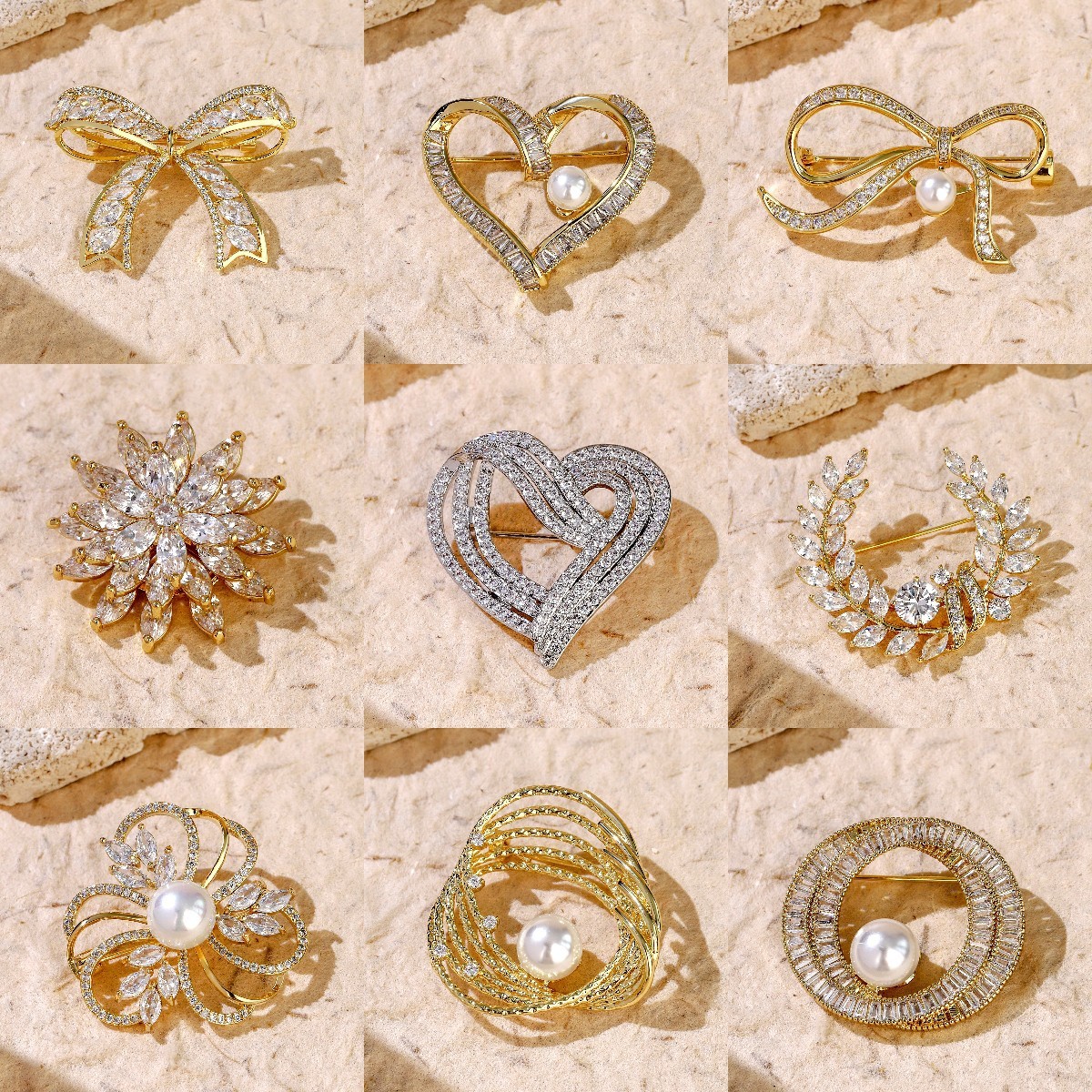 Glam Shiny Heart Shape Flower Grain Copper Inlay Pearl Zircon Women's Brooches display picture 4