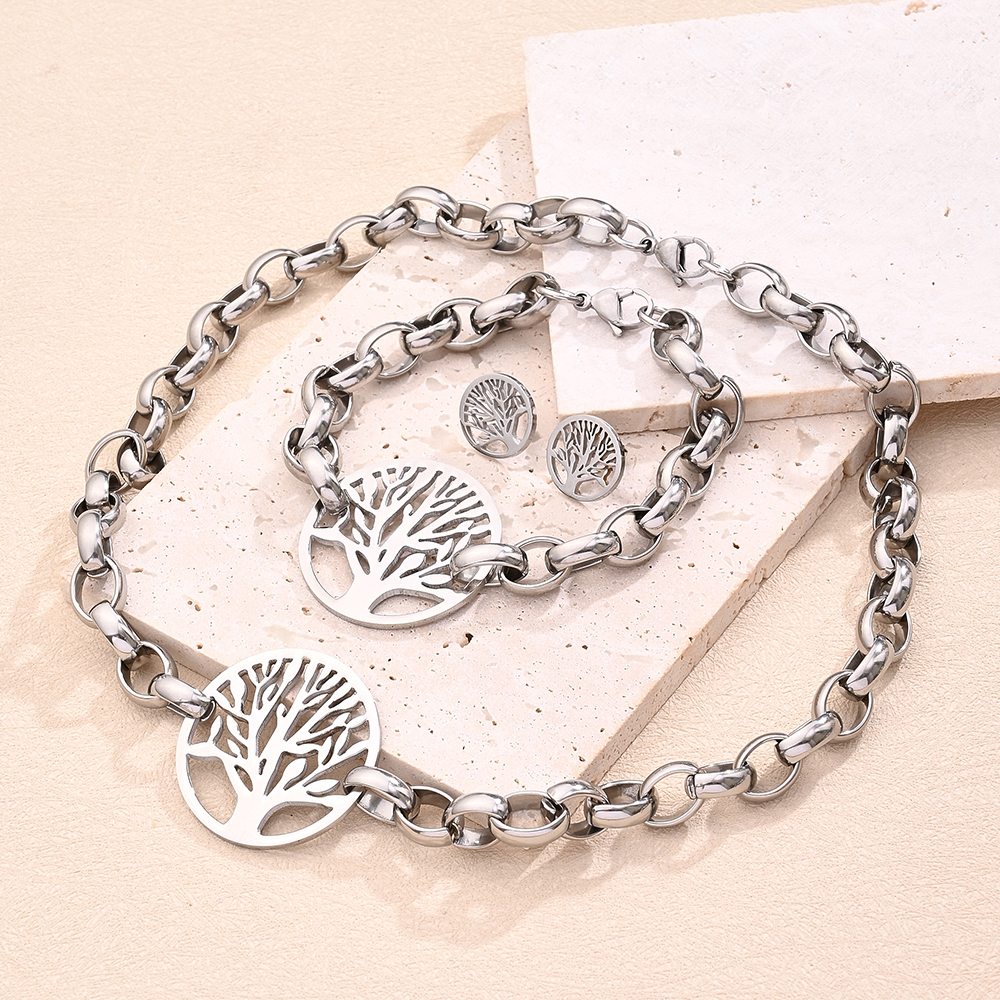 Wholesale Jewelry Casual Vacation Round Life Tree Simple 304 Stainless Steel Handmade Polishing Jewelry Set display picture 1