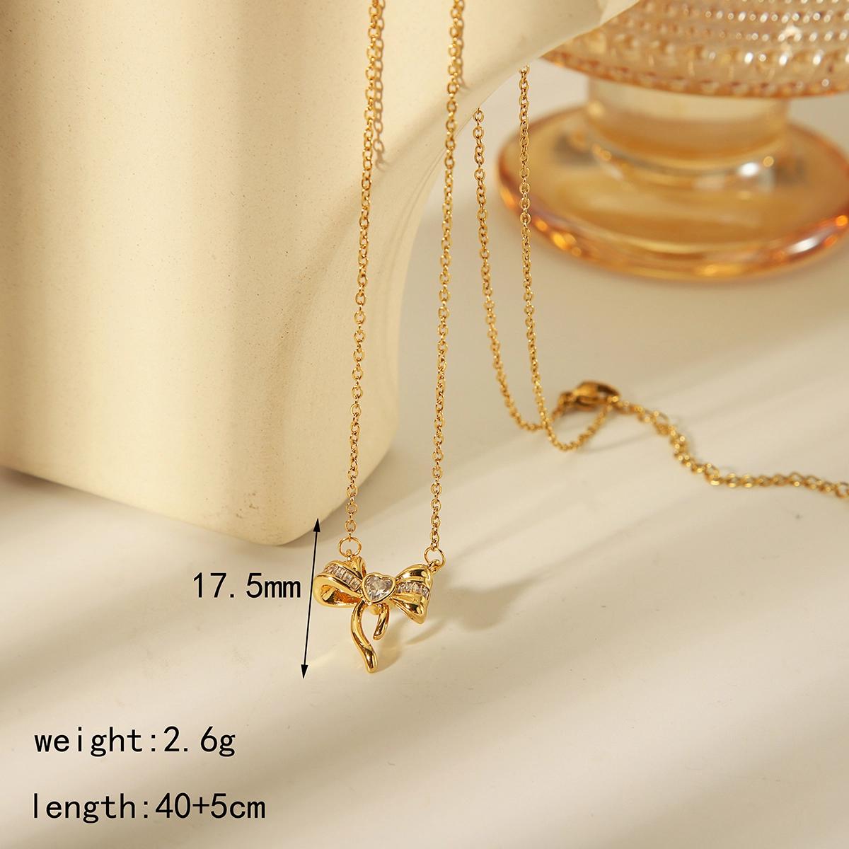 304 Stainless Steel Copper 18K Gold Plated Heart Shape Bow Knot Pendant Necklace display picture 3