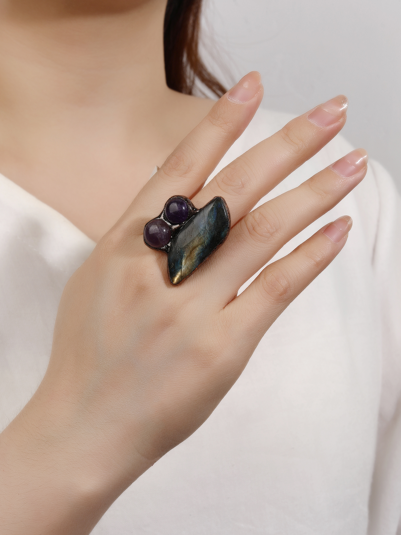 Copper Handmade Inlay Asymmetrical Irregular Labradorite Amethyst  Open Rings display picture 7