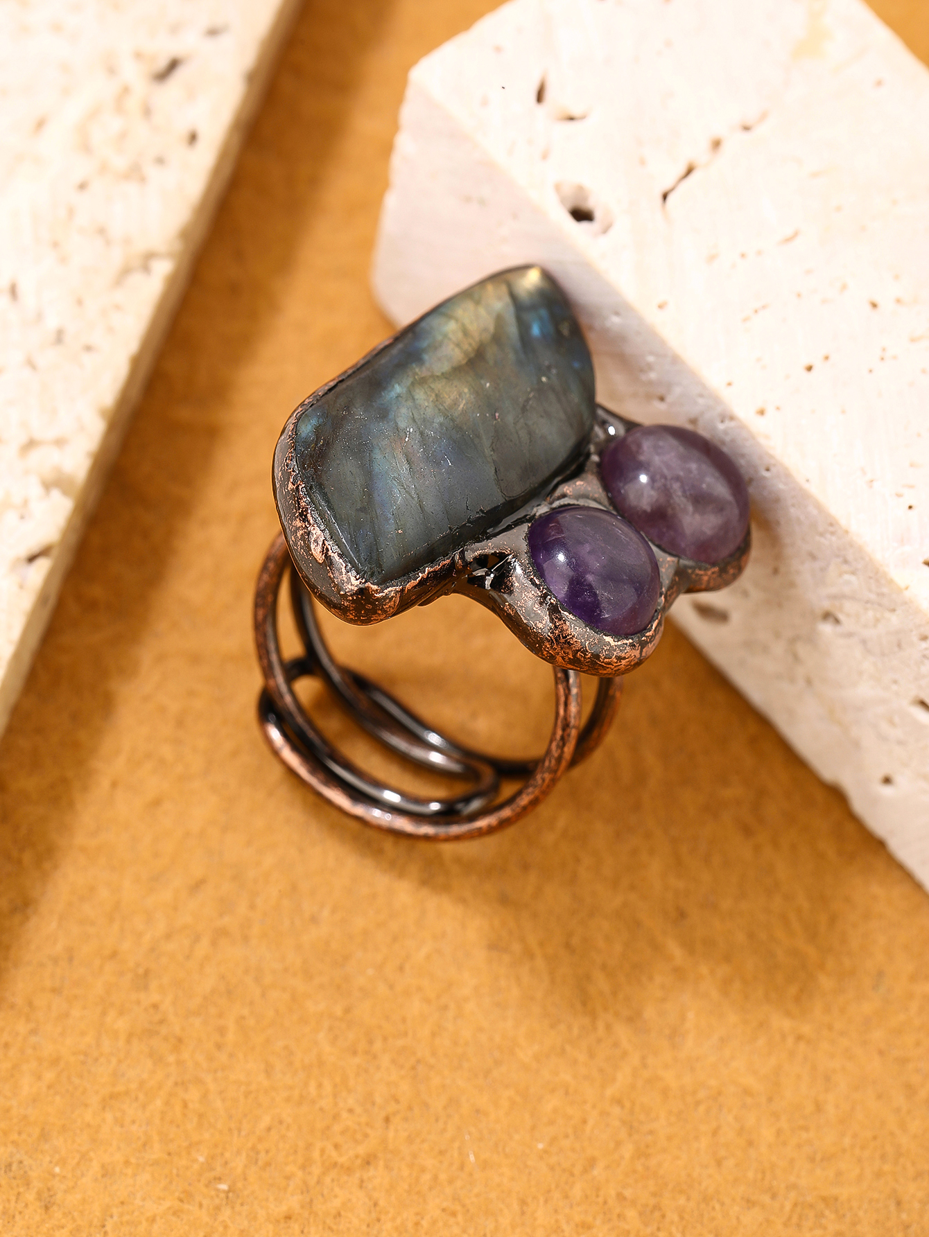 Copper Handmade Inlay Asymmetrical Irregular Labradorite Amethyst  Open Rings display picture 6