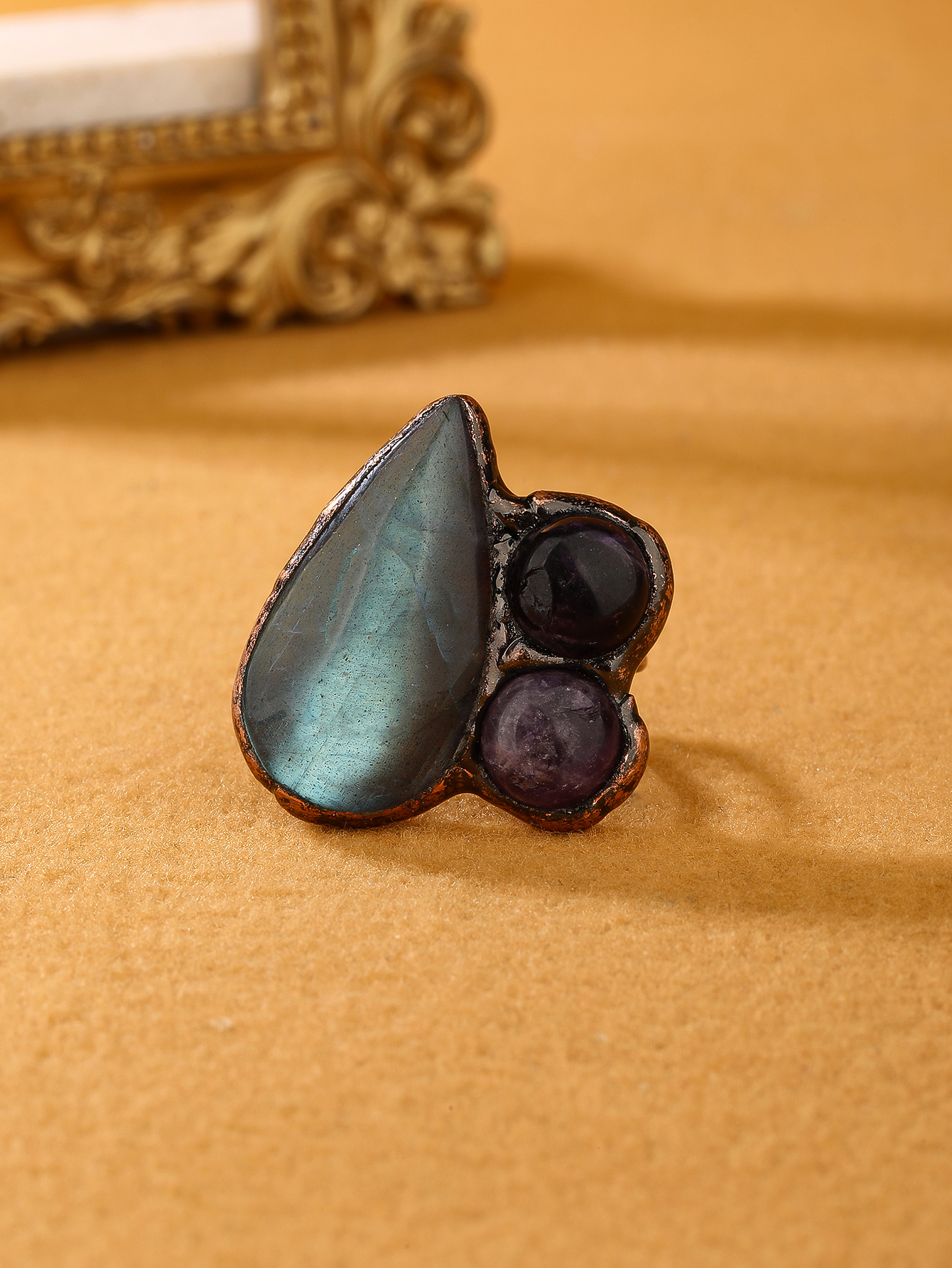 Copper Handmade Inlay Asymmetrical Irregular Labradorite Amethyst  Open Rings display picture 8