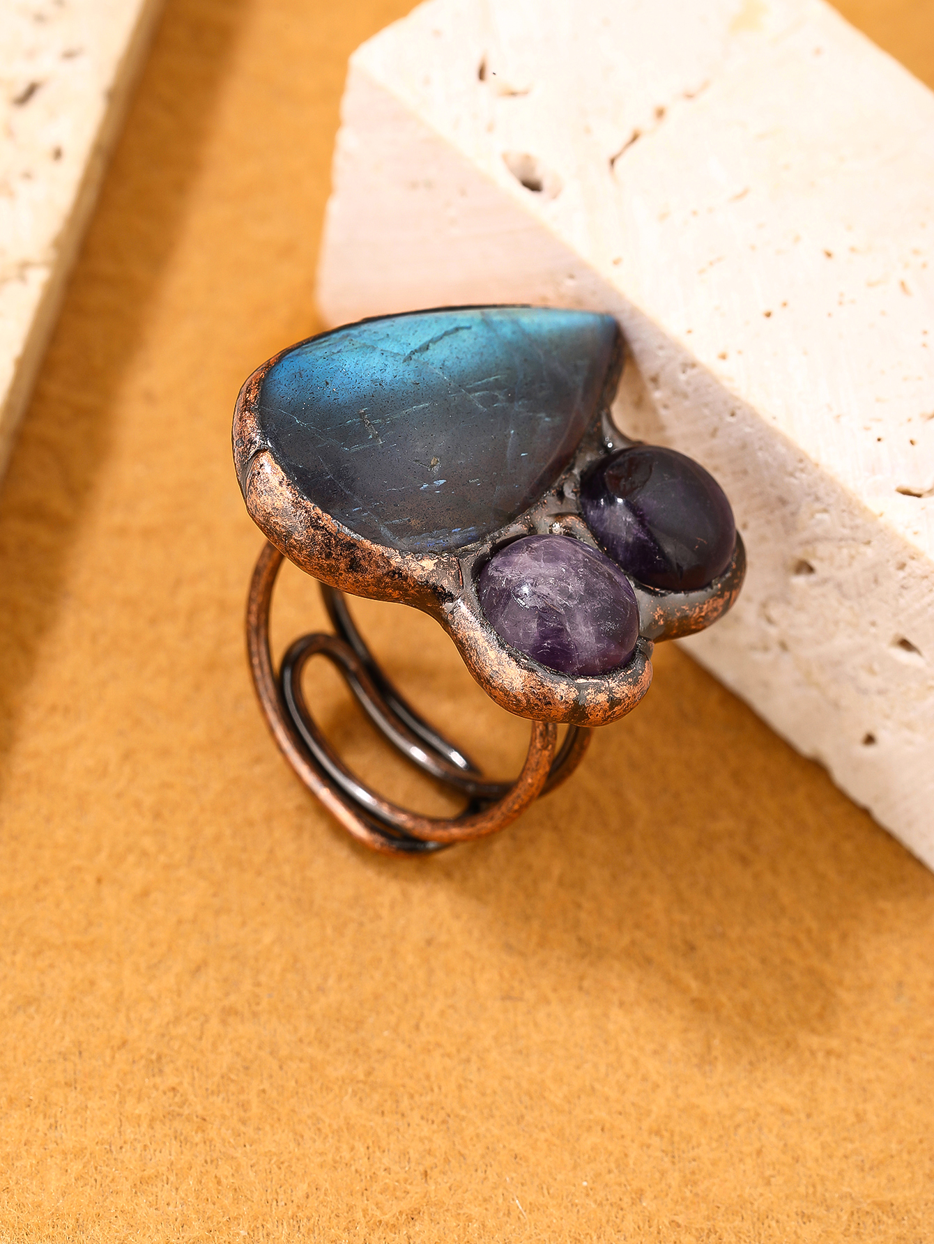 Copper Handmade Inlay Asymmetrical Irregular Labradorite Amethyst  Open Rings display picture 5