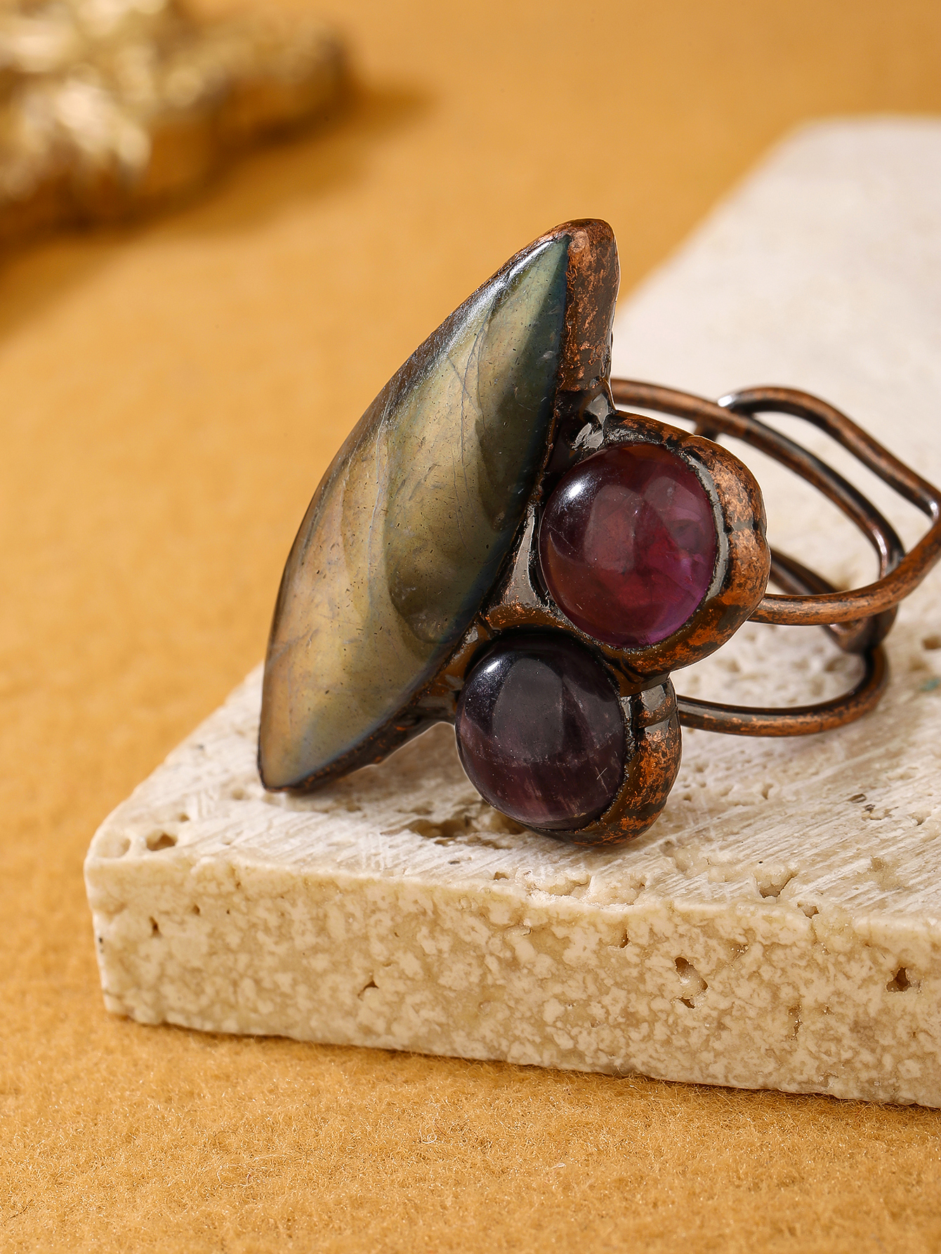 Copper Handmade Inlay Asymmetrical Irregular Labradorite Amethyst  Open Rings display picture 9