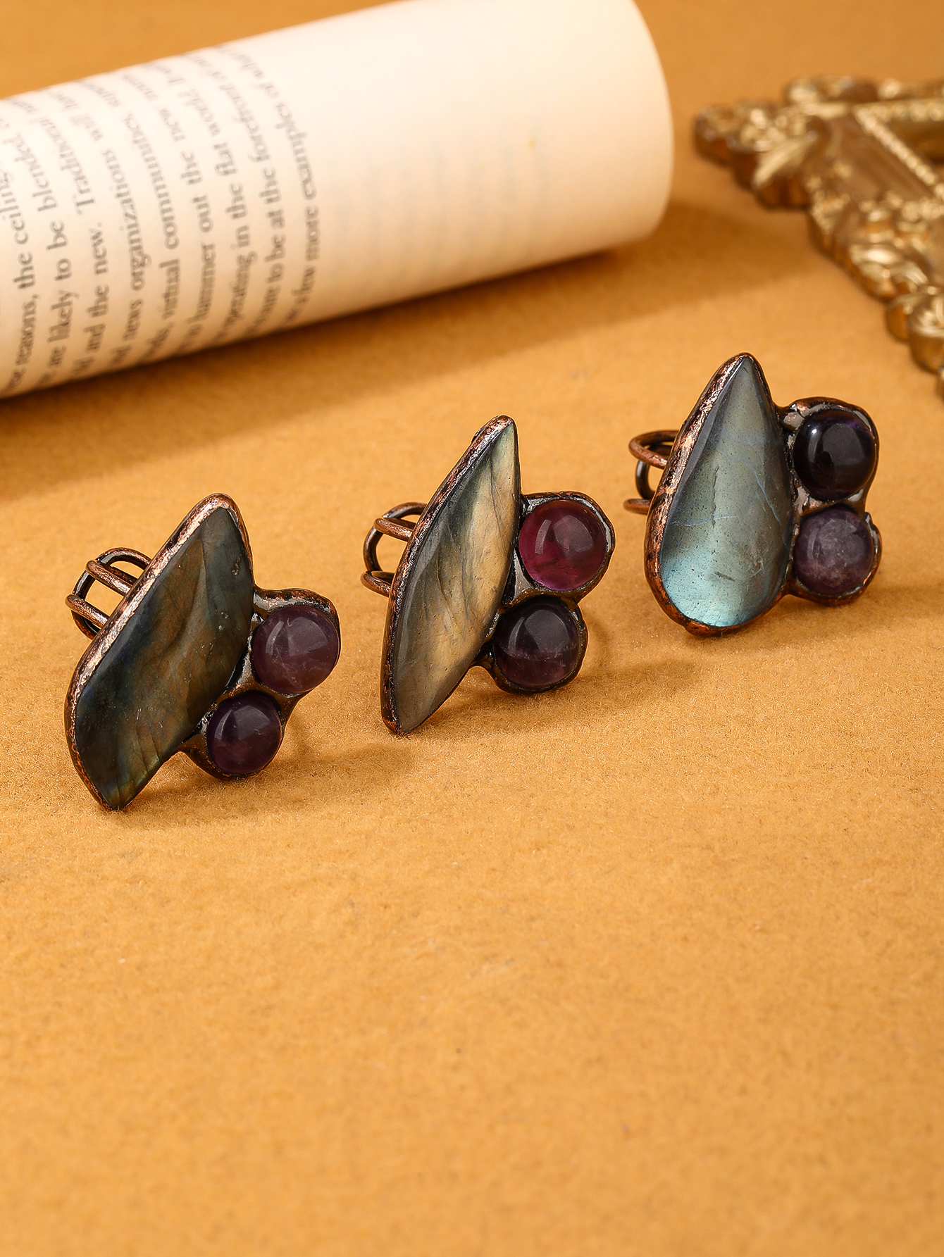 Copper Handmade Inlay Asymmetrical Irregular Labradorite Amethyst  Open Rings display picture 1