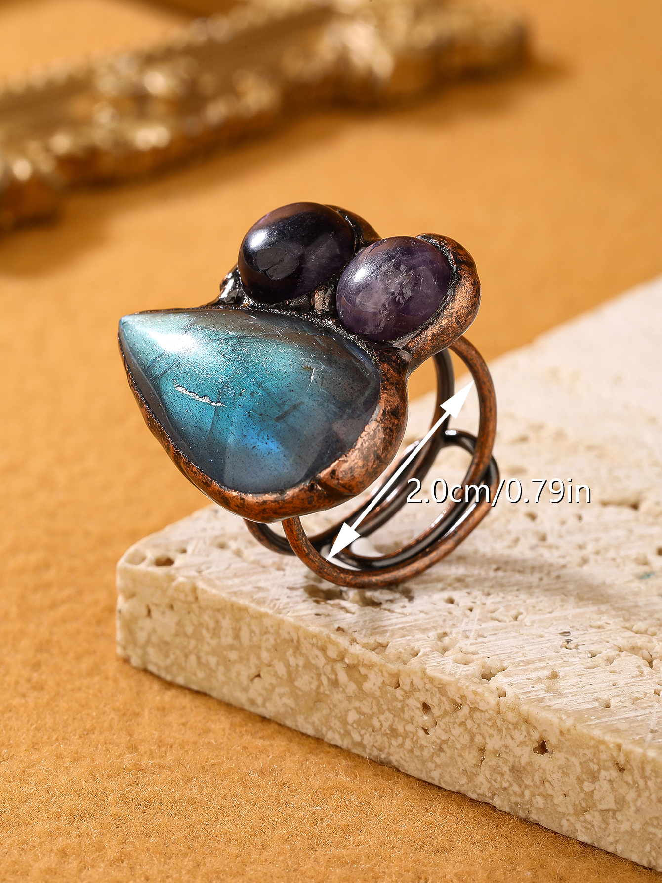 Copper Handmade Inlay Asymmetrical Irregular Labradorite Amethyst  Open Rings display picture 3