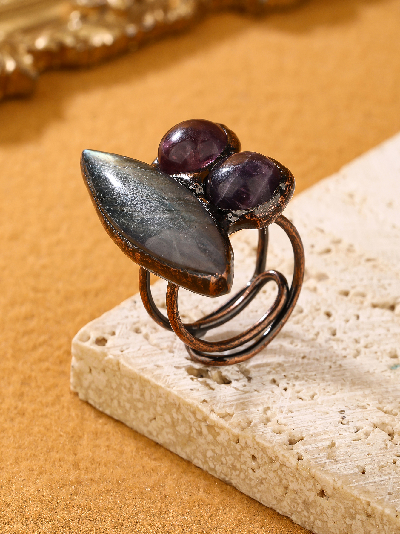 Copper Handmade Inlay Asymmetrical Irregular Labradorite Amethyst  Open Rings display picture 10