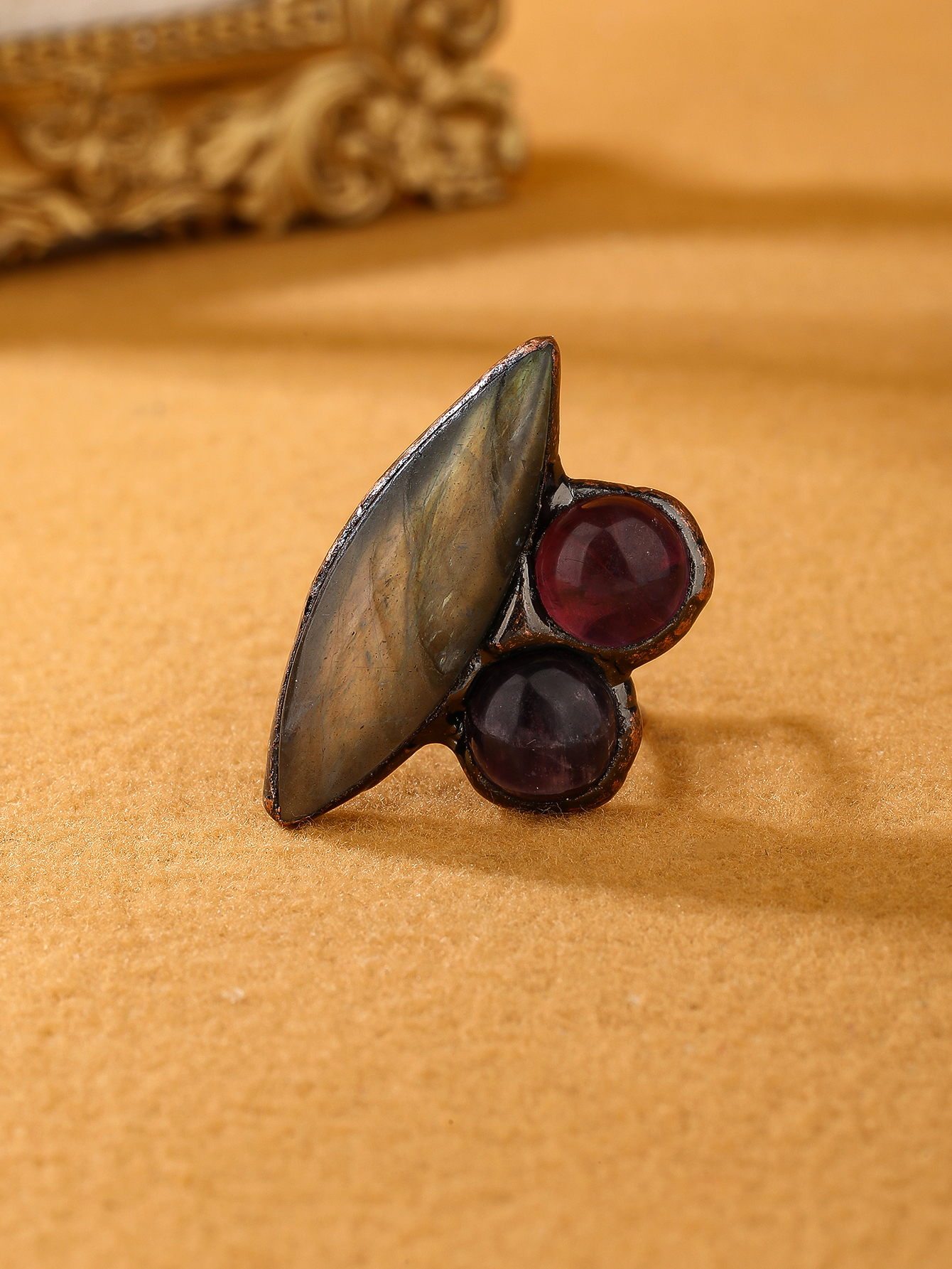 Copper Handmade Inlay Asymmetrical Irregular Labradorite Amethyst  Open Rings display picture 11