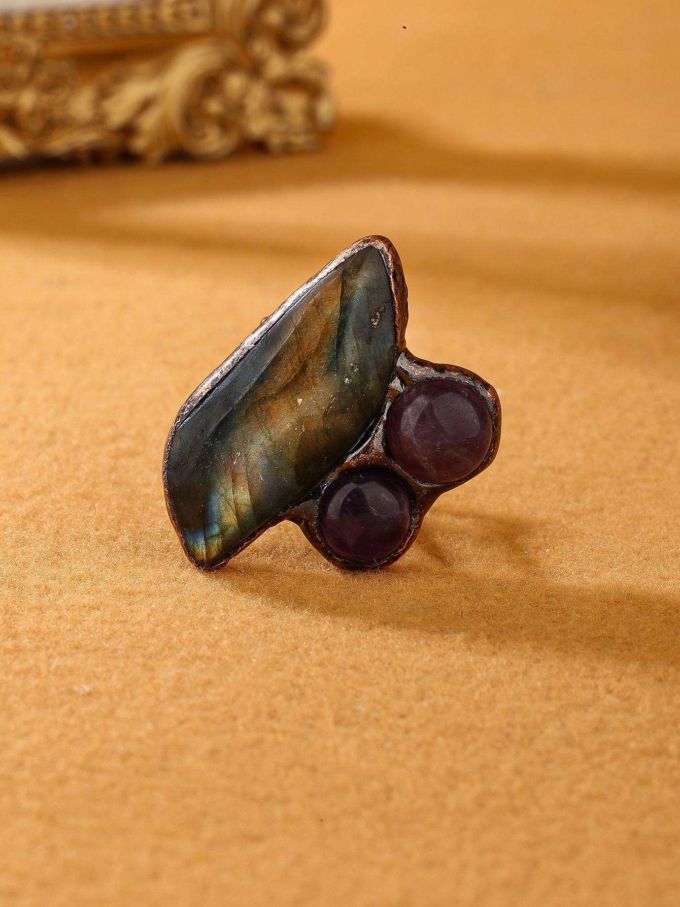 Copper Handmade Inlay Asymmetrical Irregular Labradorite Amethyst  Open Rings display picture 12