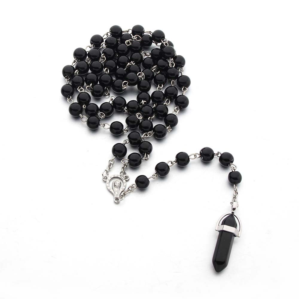 Crystal Hexagonal Column Pendant Bullet Pendant Black Glass Pearl Necklace Religious Jewelry Rosary display picture 1