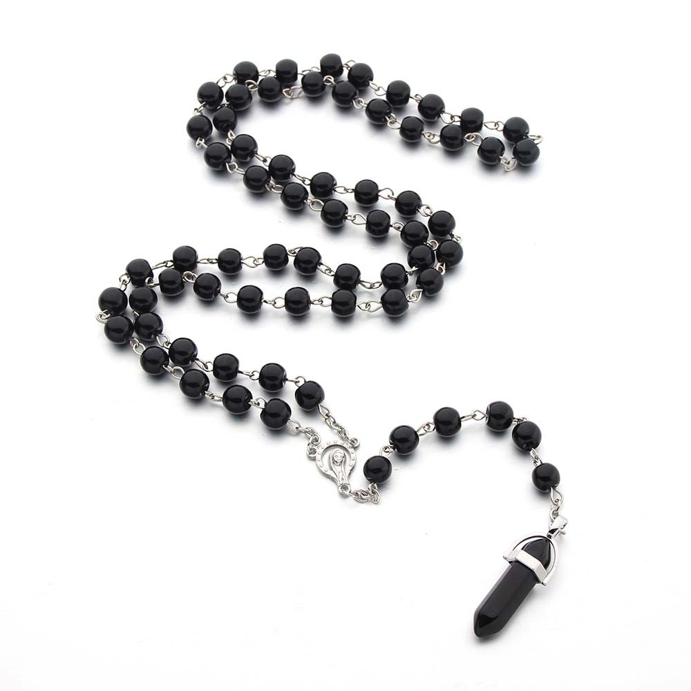 Crystal Hexagonal Column Pendant Bullet Pendant Black Glass Pearl Necklace Religious Jewelry Rosary display picture 2