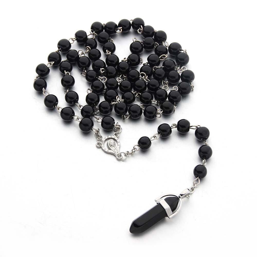 Crystal Hexagonal Column Pendant Bullet Pendant Black Glass Pearl Necklace Religious Jewelry Rosary display picture 5