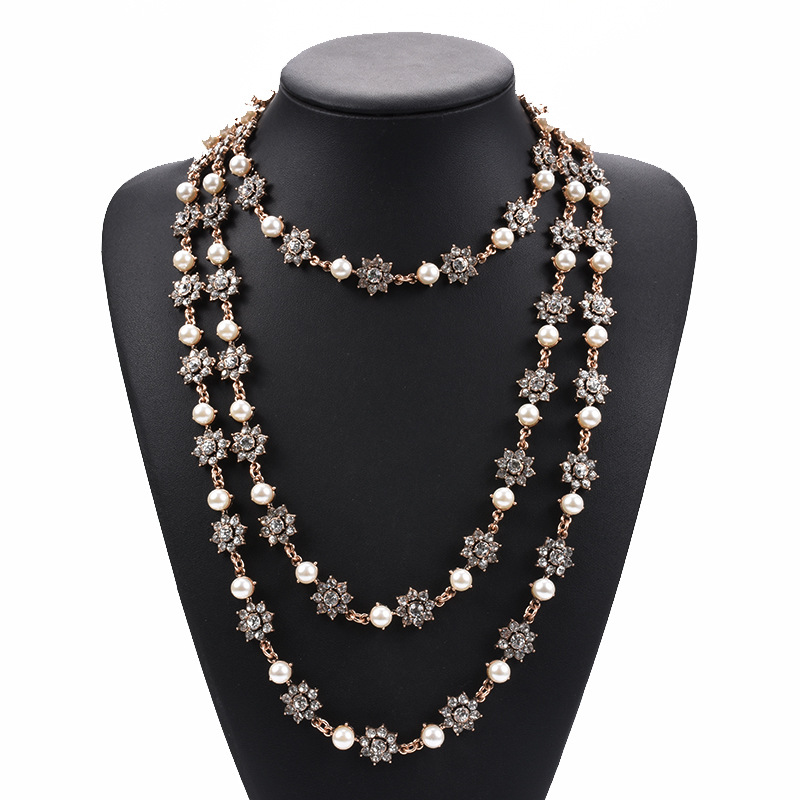 Style Exaggerated Jewelry Multi-layer Pearl Crystal Gem Necklace Long Sweater Chain Accessories display picture 9