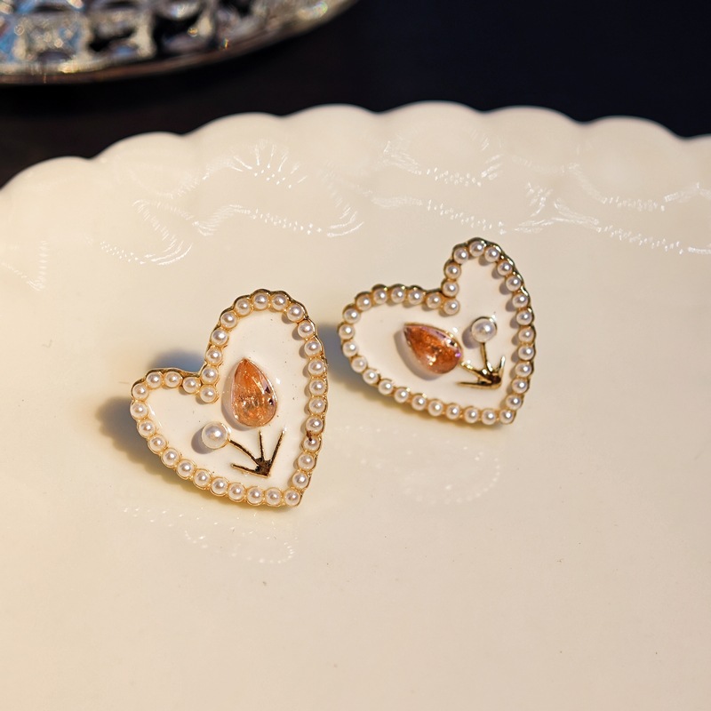 1 Pair Sweet Heart Shape Flower Tulip Enamel Inlay Alloy Pearl Ear Studs display picture 2