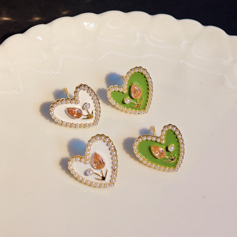 1 Pair Sweet Heart Shape Flower Tulip Enamel Inlay Alloy Pearl Ear Studs display picture 5