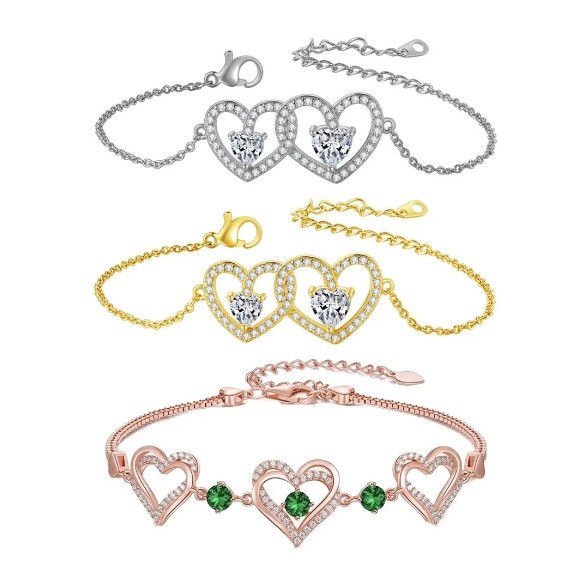 Wholesale Elegant Lady Modern Style Double Heart Heart Shape Brass Inlay Zircon Bracelets display picture 1