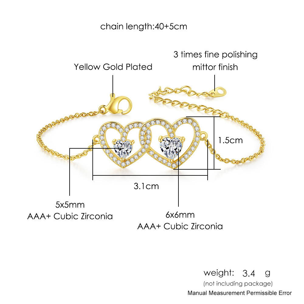 Wholesale Elegant Lady Modern Style Double Heart Heart Shape Brass Inlay Zircon Bracelets display picture 5